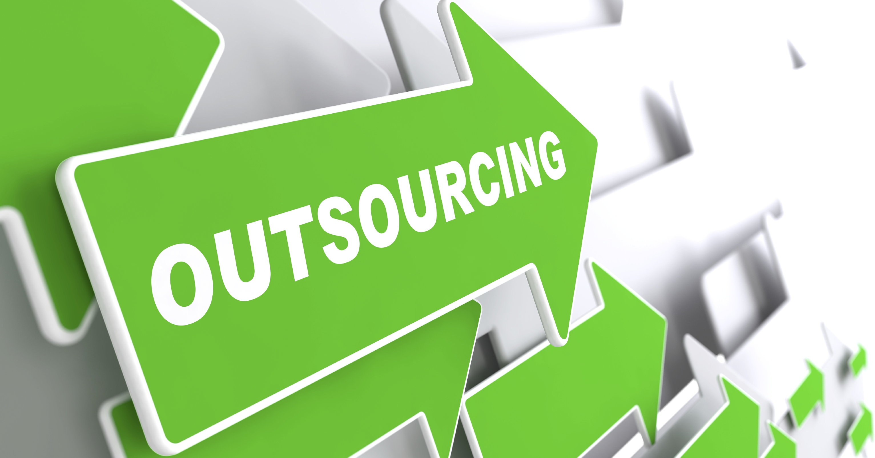 Outsourcing - Business Background. Green Arrow with "Outsourcing" Slogan on a Grey Background. 3D Render.