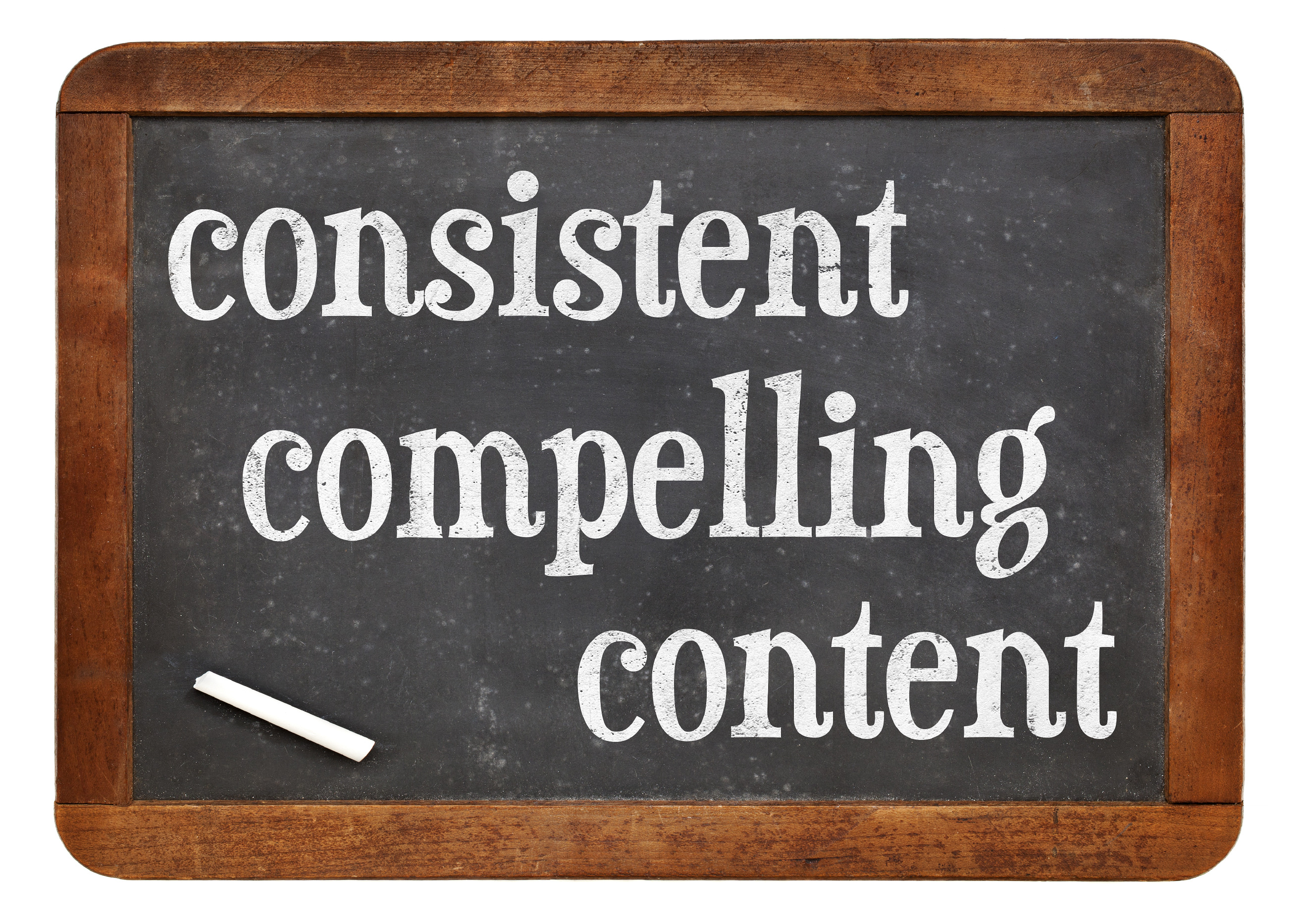consistent, compelling content - recommendation for bloging and social media marketing - white chalk text on a vintage slate blackboard